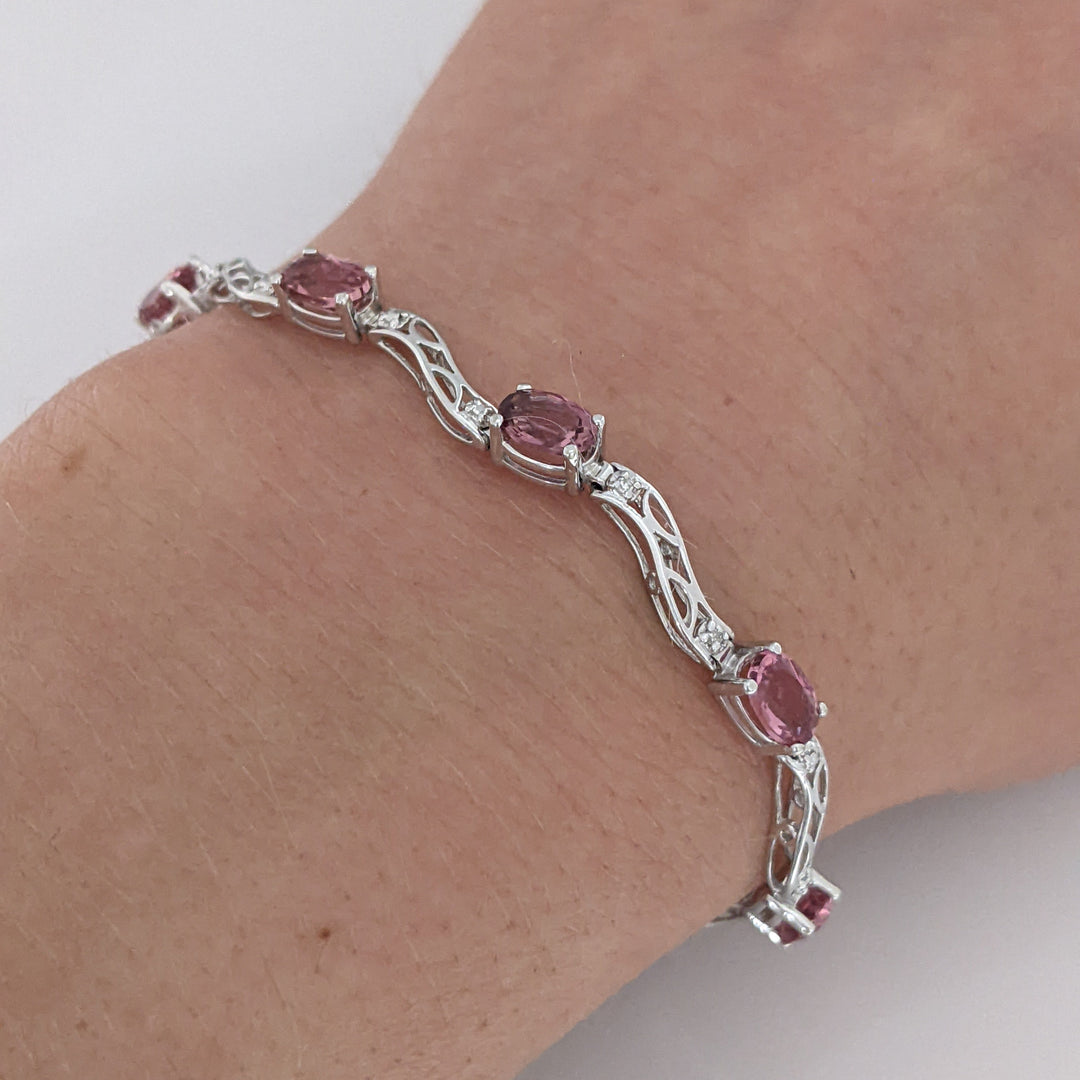10K WHITE PINK TOURMALINE OVAL (9) 4X6 WITH (2) MELEE ESTATE BRACELET 5.2 GRAMS
