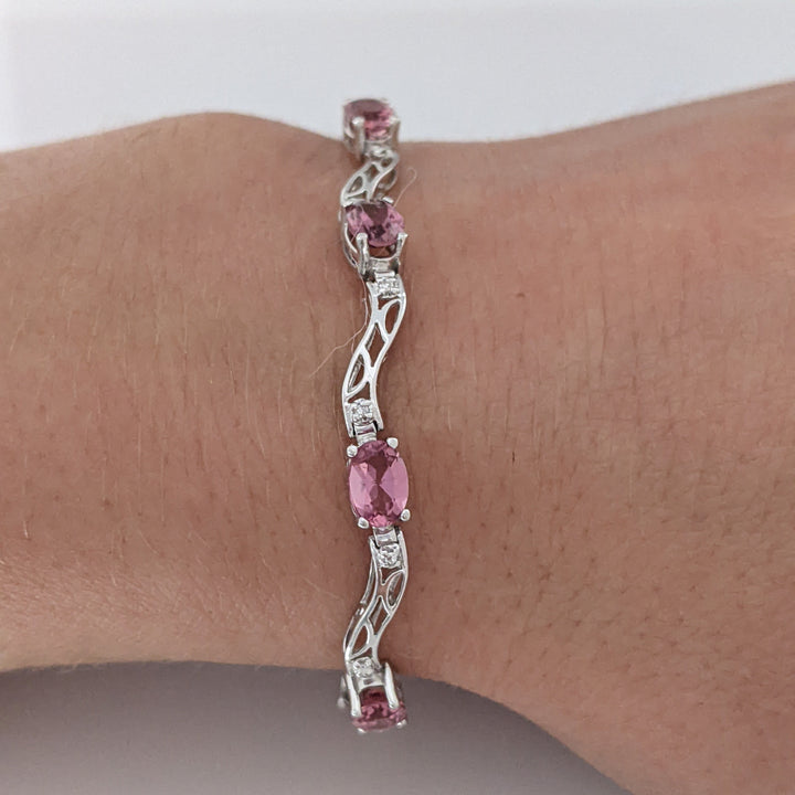 10K WHITE PINK TOURMALINE OVAL (9) 4X6 WITH (2) MELEE ESTATE BRACELET 5.2 GRAMS