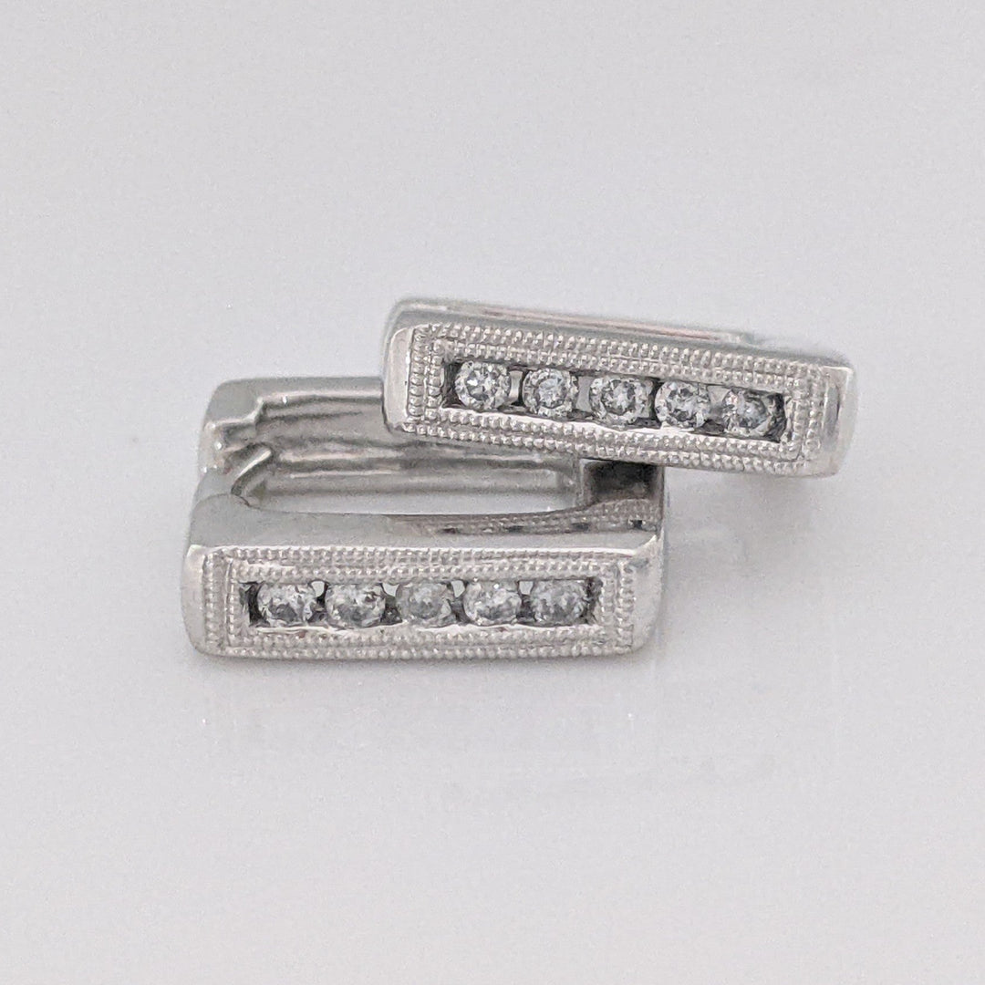 10K WHITE .15 CARAT TOTAL WEIGHT (10) ROUND SQUARE HOOP ESTATE EARRINGS 3.9 GRAMS