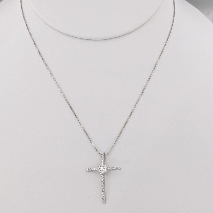 14K WHITE .28 CARAT TOTAL WEIGHT SI1 H DIAMOND ROUND ESTATE CLUSTER CROSS PENDANT & CHAIN 2.9 GRAMS