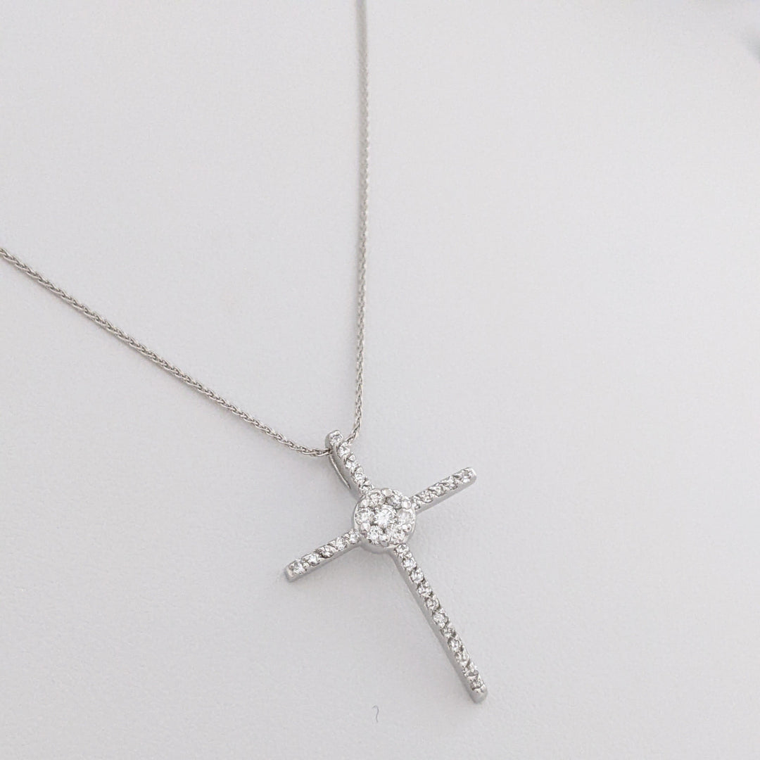 14K WHITE .28 CARAT TOTAL WEIGHT SI1 H DIAMOND ROUND ESTATE CLUSTER CROSS PENDANT & CHAIN 2.9 GRAMS