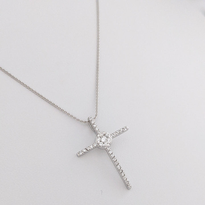 14K WHITE .28 CARAT TOTAL WEIGHT SI1 H DIAMOND ROUND ESTATE CLUSTER CROSS PENDANT & CHAIN 2.9 GRAMS