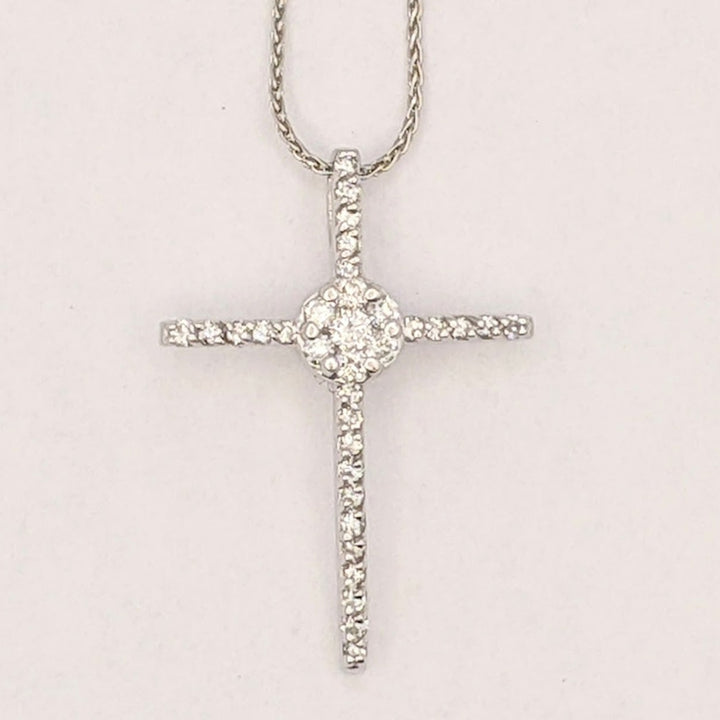 14K WHITE .28 CARAT TOTAL WEIGHT SI1 H DIAMOND ROUND ESTATE CLUSTER CROSS PENDANT & CHAIN 2.9 GRAMS