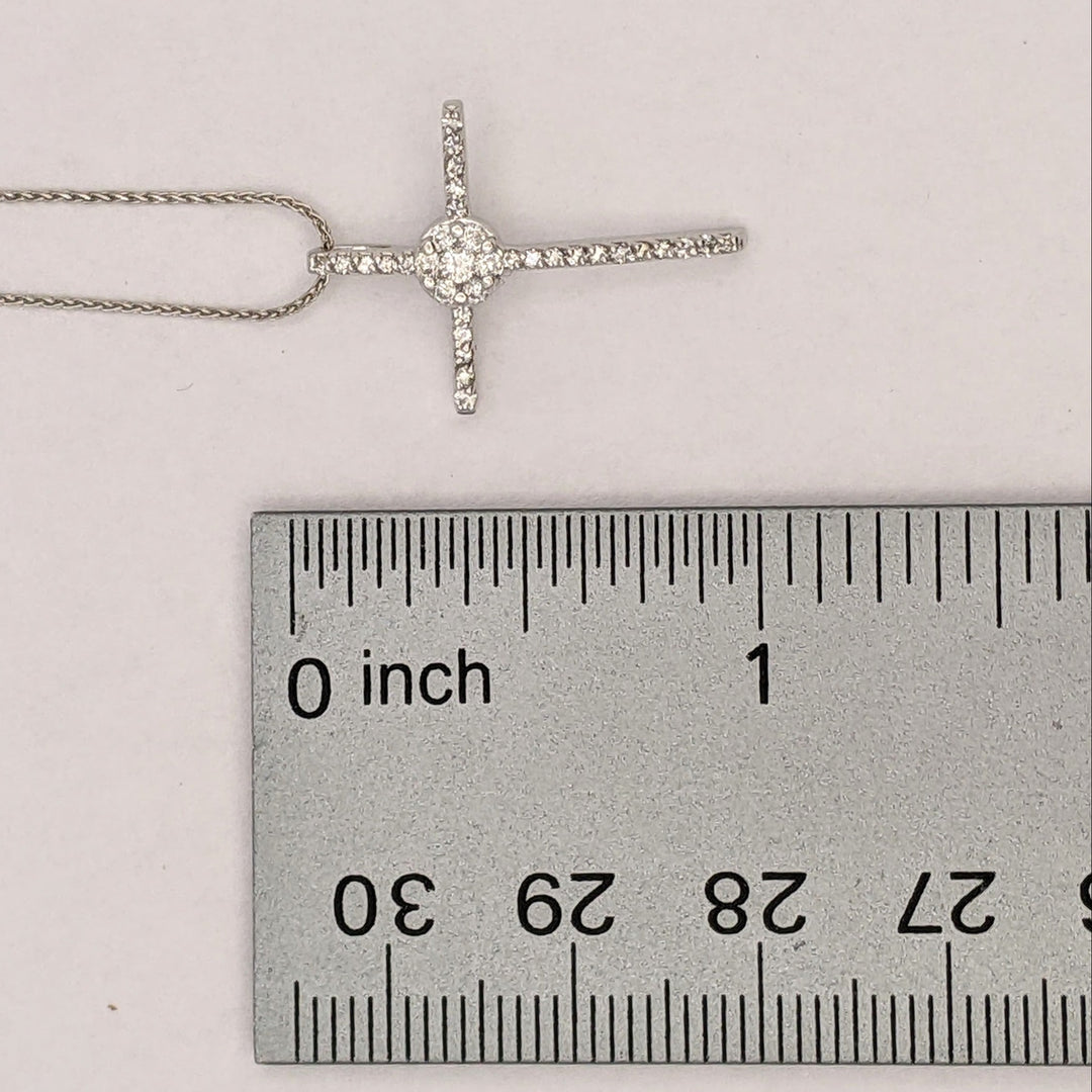 14K WHITE .28 CARAT TOTAL WEIGHT SI1 H DIAMOND ROUND ESTATE CLUSTER CROSS PENDANT & CHAIN 2.9 GRAMS