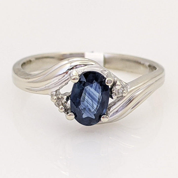 14K WHITE SAPPHIRE OVAL 4X6 WITH (2) MELEE ESTATE RING 1.9 GRAMS