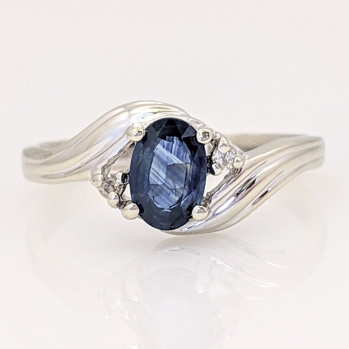 14K WHITE SAPPHIRE OVAL 4X6 WITH (2) MELEE ESTATE RING 1.9 GRAMS