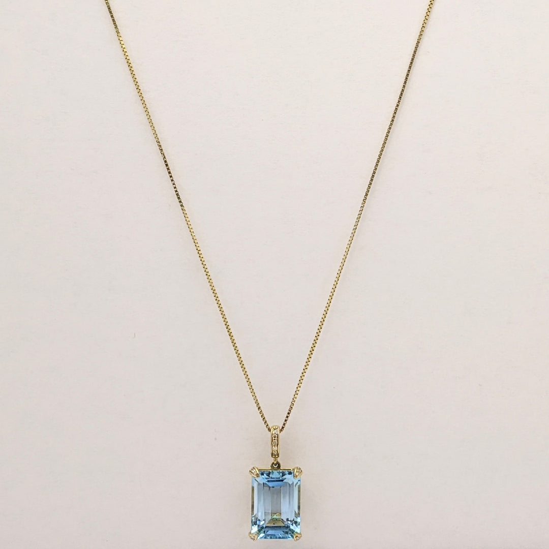 10K BLUE TOPAZ EMERALD CUT 10X14 WITH (5) MELEE ESTATE PENDANT & 14K CHAIN 5.3 GRAMS