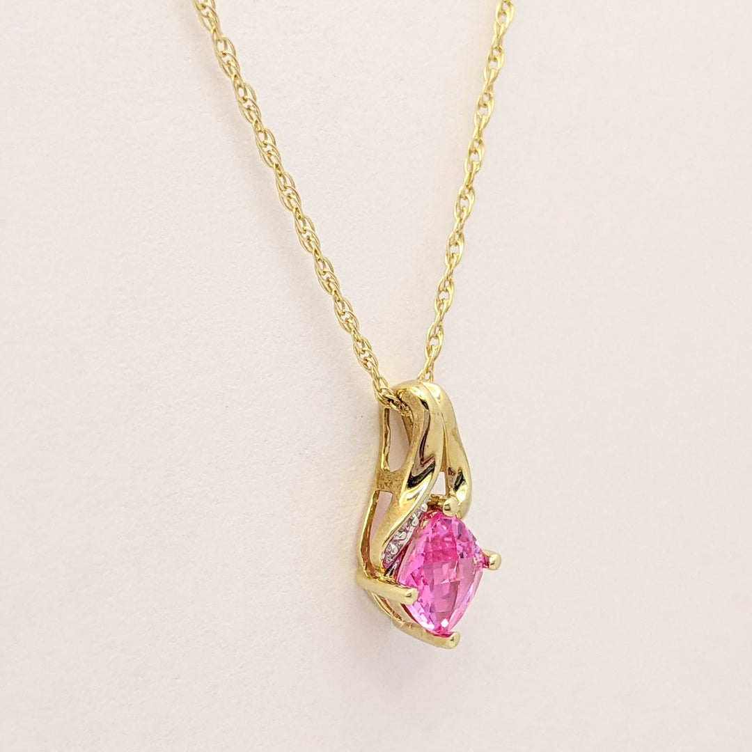 10K LAB-CREATED PINK SAPPHIRE CUSHION CUT 6MM WITH MELEE ESTATE PENDANT & CHAIN 1.7 GRAMS