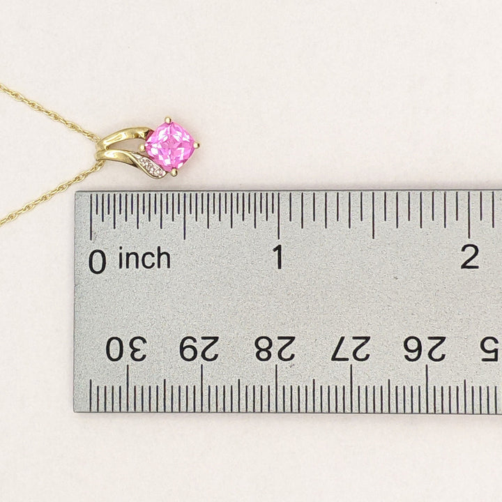 10K LAB-CREATED PINK SAPPHIRE CUSHION CUT 6MM WITH MELEE ESTATE PENDANT & CHAIN 1.7 GRAMS