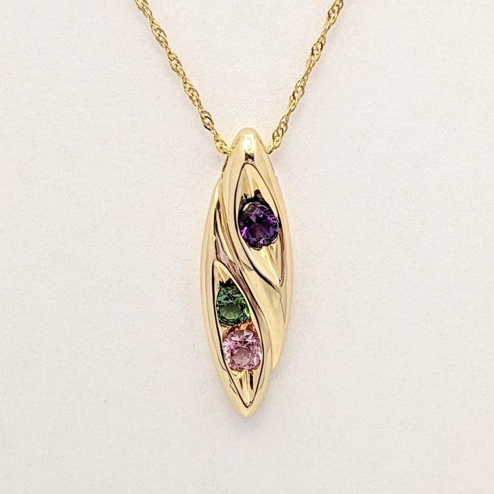 14K PINK (1) GREEN (1) TOURMALINE, AMETHYST (1) ROUND 4MM MARQUISE ESTATE PENDANT & CHAIN 5.0 GRAMS