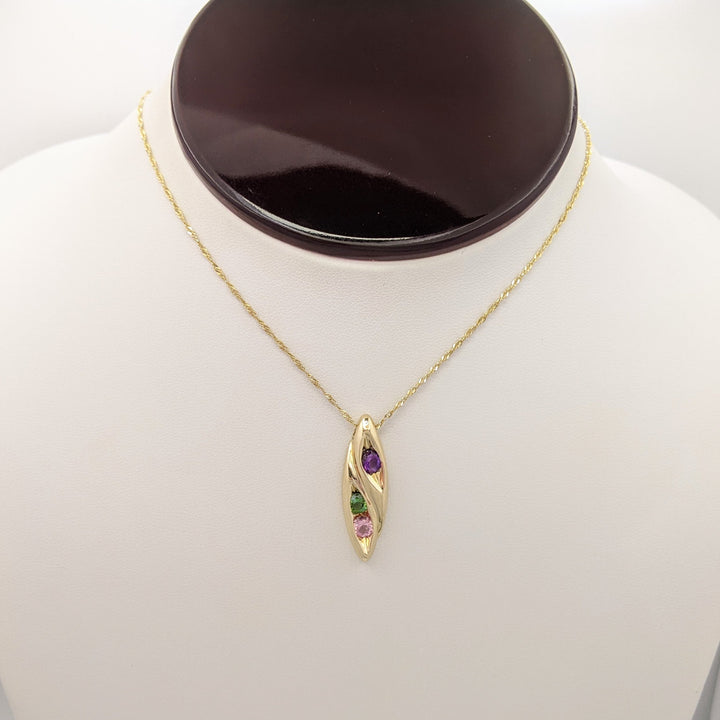 14K PINK (1) GREEN (1) TOURMALINE, AMETHYST (1) ROUND 4MM MARQUISE ESTATE PENDANT & CHAIN 5.0 GRAMS