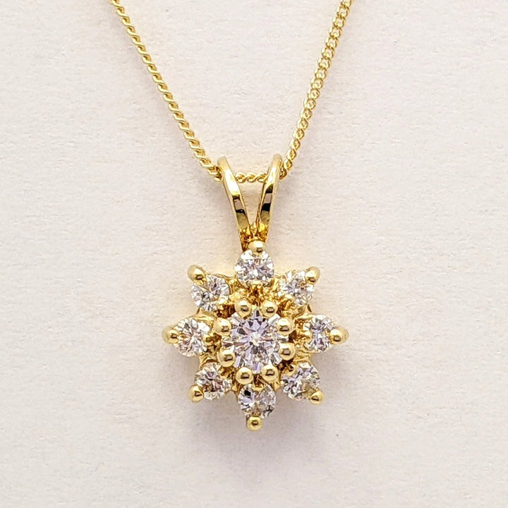 14K .40 CARAT TOTAL WIEGHT SI1-SI2 H DIAMOND ROUND (9) ESTATE PENDANT & CHAIN 2.1 GRAMS