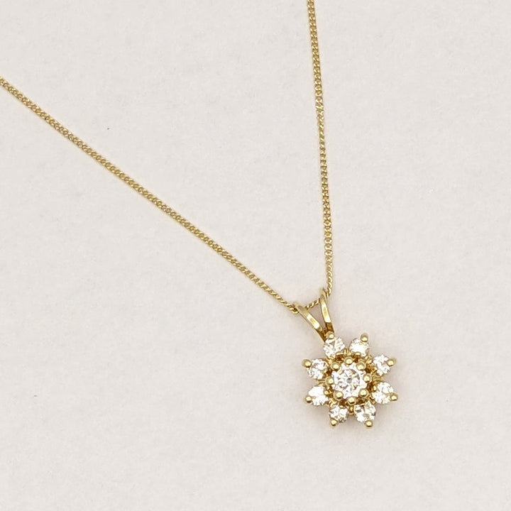 14K .40 CARAT TOTAL WIEGHT SI1-SI2 H DIAMOND ROUND (9) ESTATE PENDANT & CHAIN 2.1 GRAMS