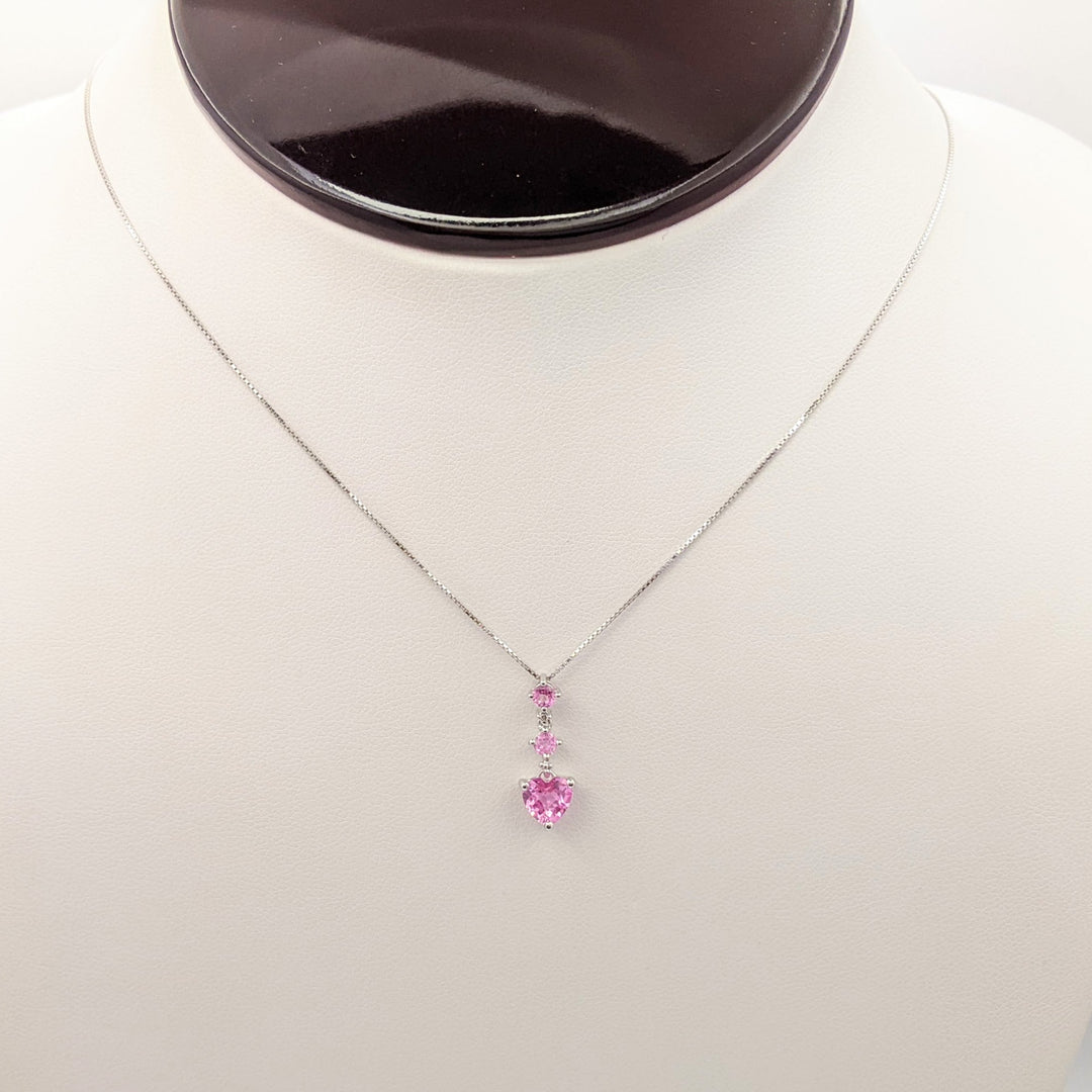 10K WHITE LAB-CREATED SAPPHIRE HEART 6.5MM (1) WITH (2) ROUND ESTATE PENDANT & CHAIN 1.6 GRAMS