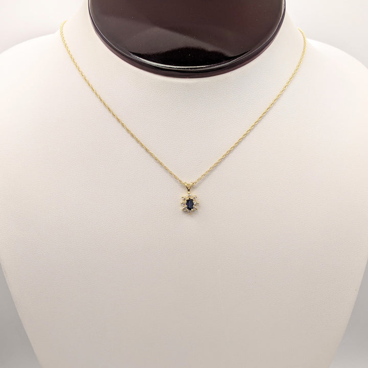 14K SAPPHIRE OVAL 3X5 WITH .12 DIAMOND TOTAL WEIGHT (8) ROUND ESTATE PENDANT & CHAIN 2.1 GRAMS
