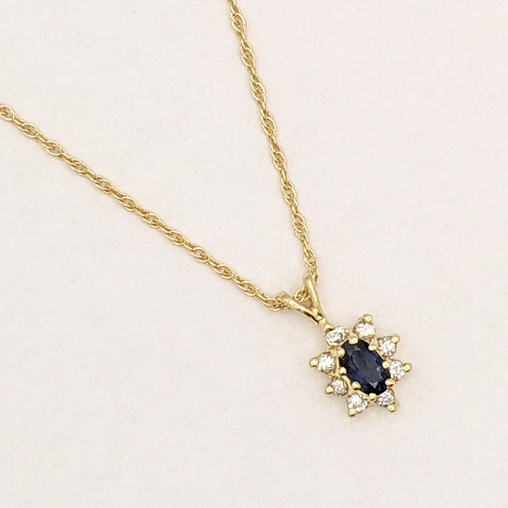 14K SAPPHIRE OVAL 3X5 WITH .12 DIAMOND TOTAL WEIGHT (8) ROUND ESTATE PENDANT & CHAIN 2.1 GRAMS
