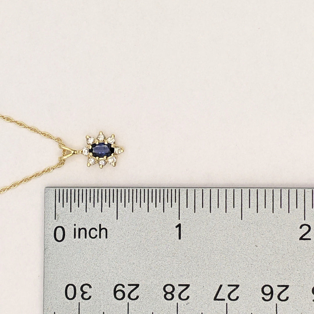 14K SAPPHIRE OVAL 3X5 WITH .12 DIAMOND TOTAL WEIGHT (8) ROUND ESTATE PENDANT & CHAIN 2.1 GRAMS