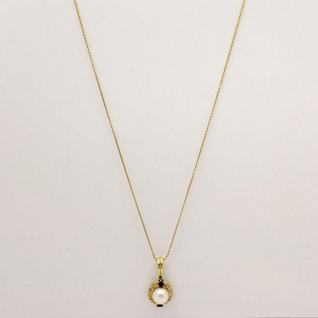 18K PEARL ROUND 7MM WITH .10 DIAMOND TOTAL WEIGHT (10) ROUND AND RUBY (2) PRINCESS CUT ESTATE PENDANT & 14K CHAIN 5.0 GRAMS