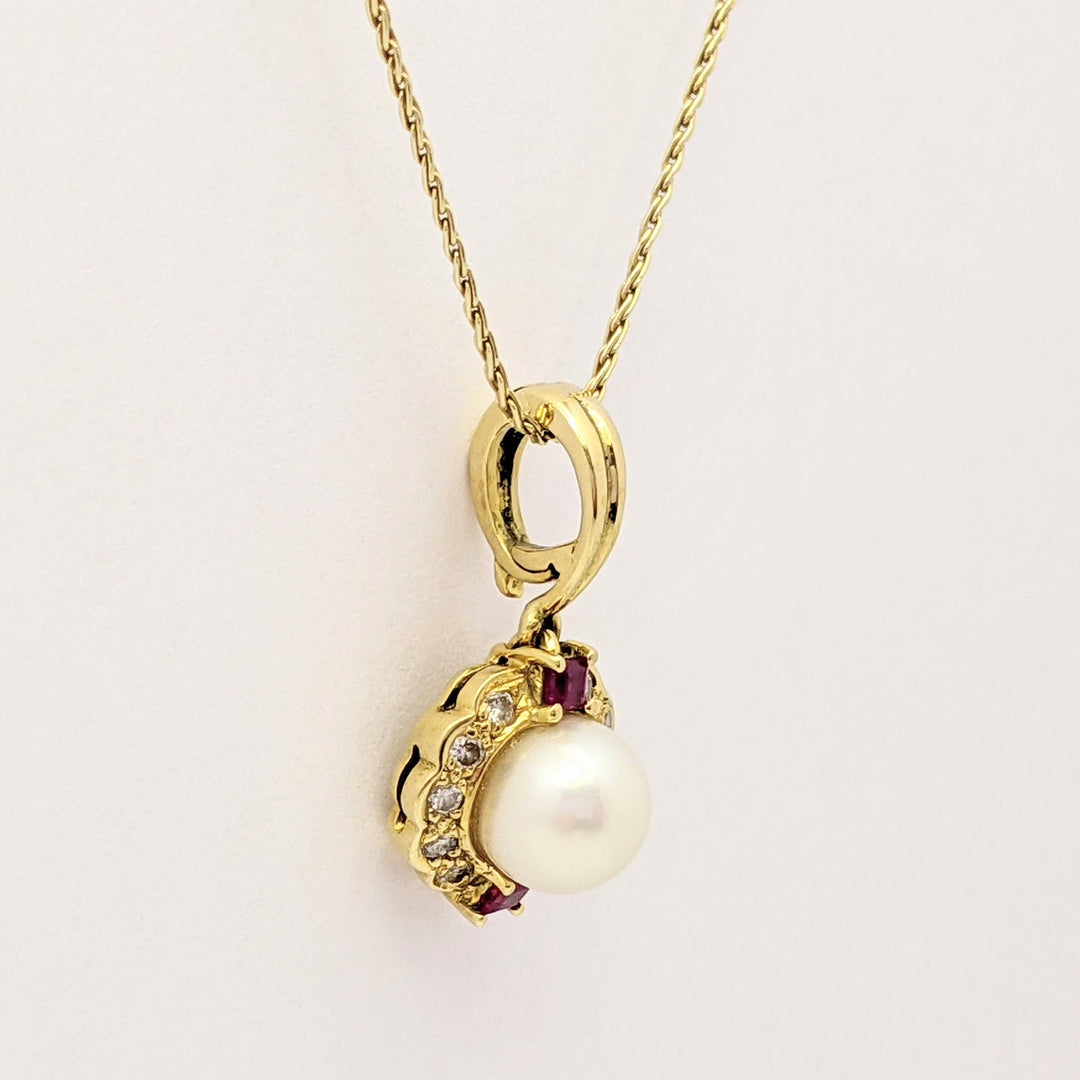 18K PEARL ROUND 7MM WITH .10 DIAMOND TOTAL WEIGHT (10) ROUND AND RUBY (2) PRINCESS CUT ESTATE PENDANT & 14K CHAIN 5.0 GRAMS