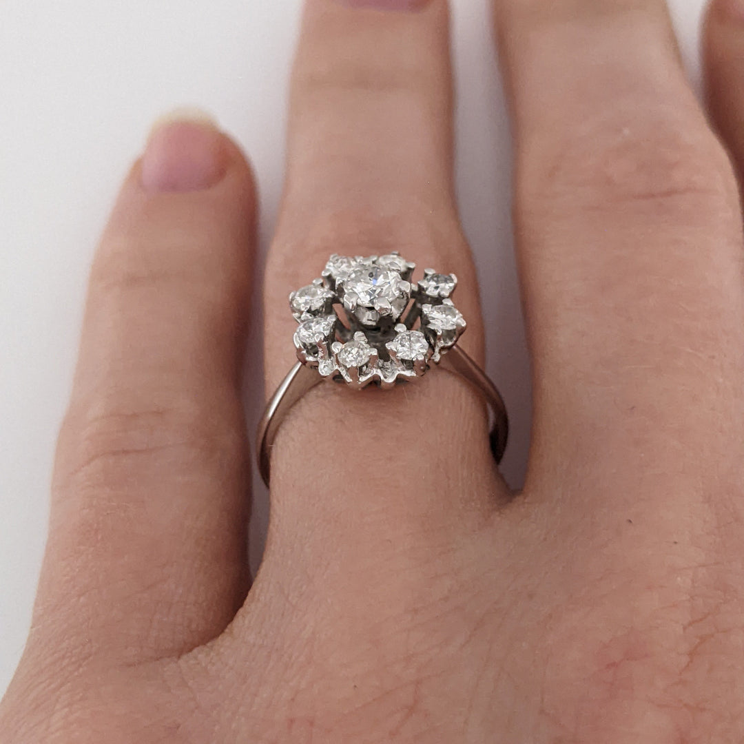 14K WHITE .50 CARAT TOTAL WEIGHT I1 H DIAMOND ROUND (9) ESTATE CLUSTER RING 3.2 GRAMS