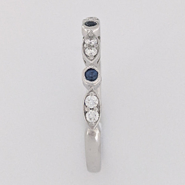 14K WHITE SAPPHIRE ROUND (3) 1.5MM WITH (8) MELEE ESTATE ROUND/ MARQUISE BAND 2.3 GRAMS