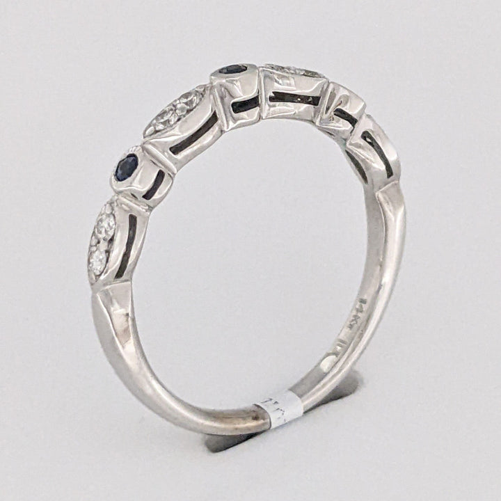 14K WHITE SAPPHIRE ROUND (3) 1.5MM WITH (8) MELEE ESTATE ROUND/ MARQUISE BAND 2.3 GRAMS