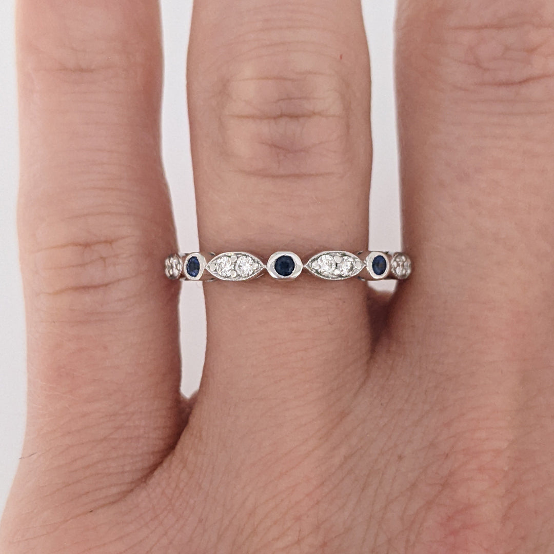 14K WHITE SAPPHIRE ROUND (3) 1.5MM WITH (8) MELEE ESTATE ROUND/ MARQUISE BAND 2.3 GRAMS