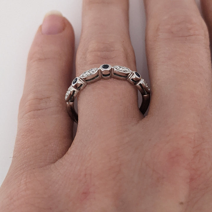 14K WHITE SAPPHIRE ROUND (3) 1.5MM WITH (8) MELEE ESTATE ROUND/ MARQUISE BAND 2.3 GRAMS