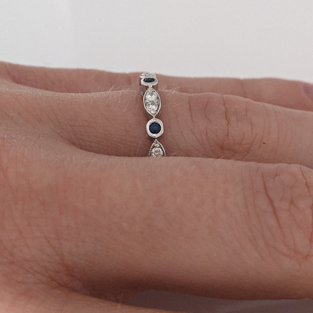 14K WHITE SAPPHIRE ROUND (3) 1.5MM WITH (8) MELEE ESTATE ROUND/ MARQUISE BAND 2.3 GRAMS