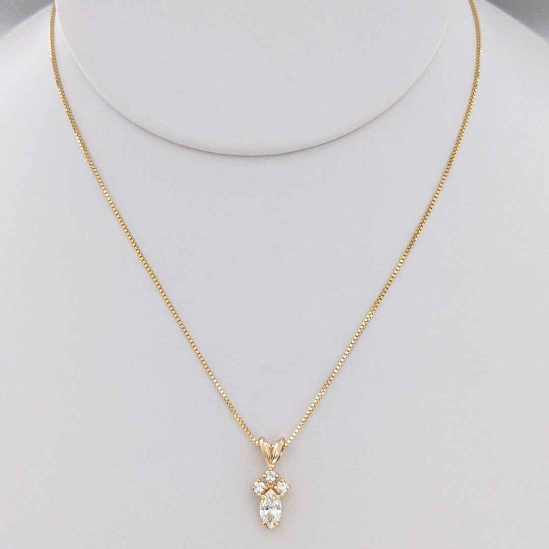 14K .38 CARAT TOTAL WEIGHT VS2-SI2 H DIAMOND MARQUISE (1) ROUND (3) ESTATE PENDANT & CHAIN 2.2 GRAMS