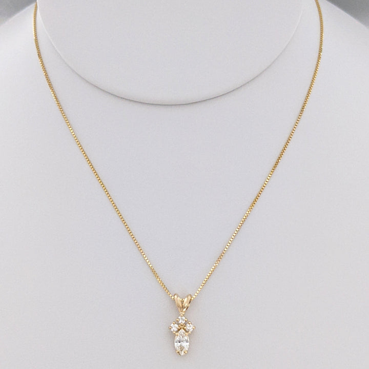 14K .38 CARAT TOTAL WEIGHT VS2-SI2 H DIAMOND MARQUISE (1) ROUND (3) ESTATE PENDANT & CHAIN 2.2 GRAMS