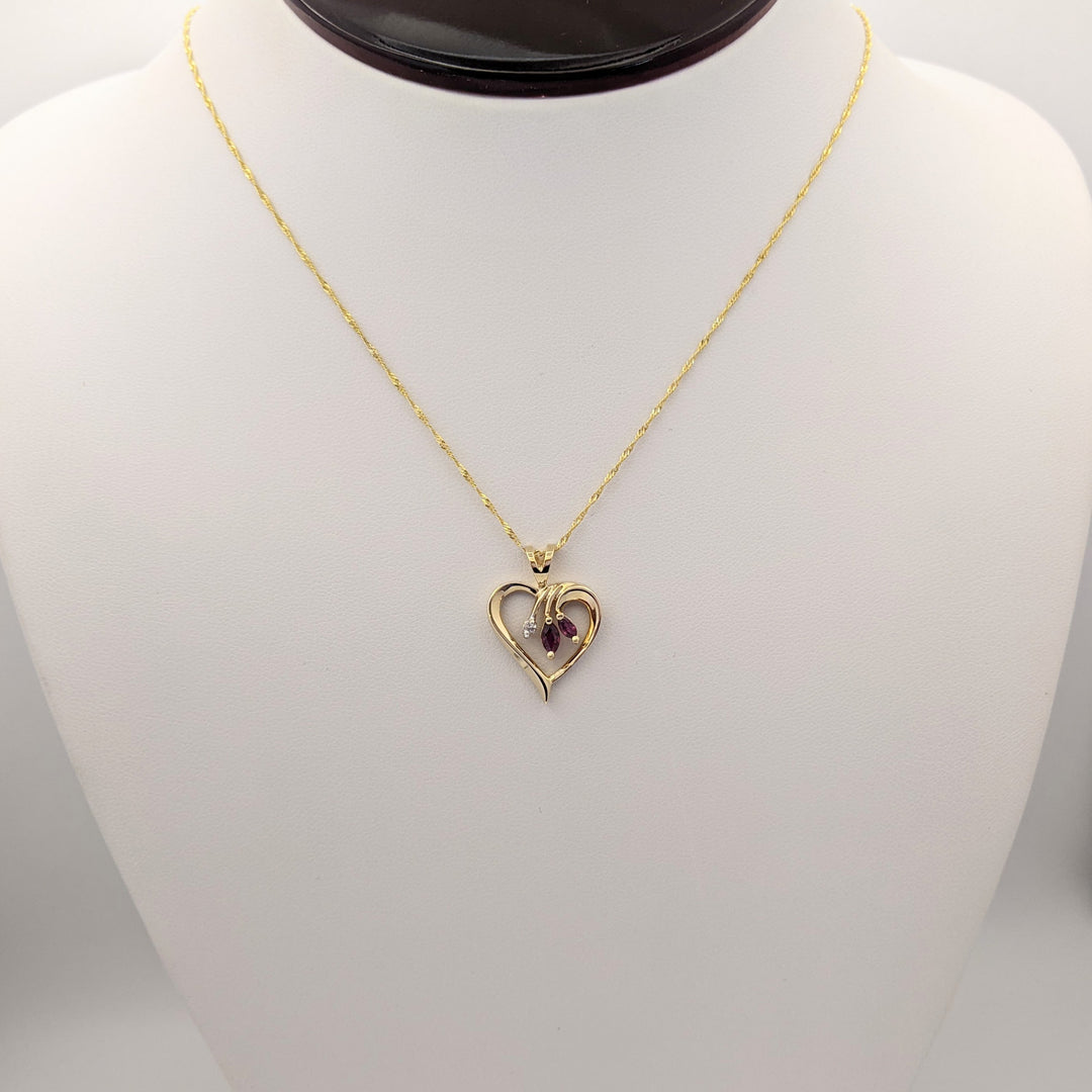 14K RUBY MARQUISE (2) WITH MELEE OPEN HEART ESTATE PENDANT & CHAIN 3.3 GRAMS