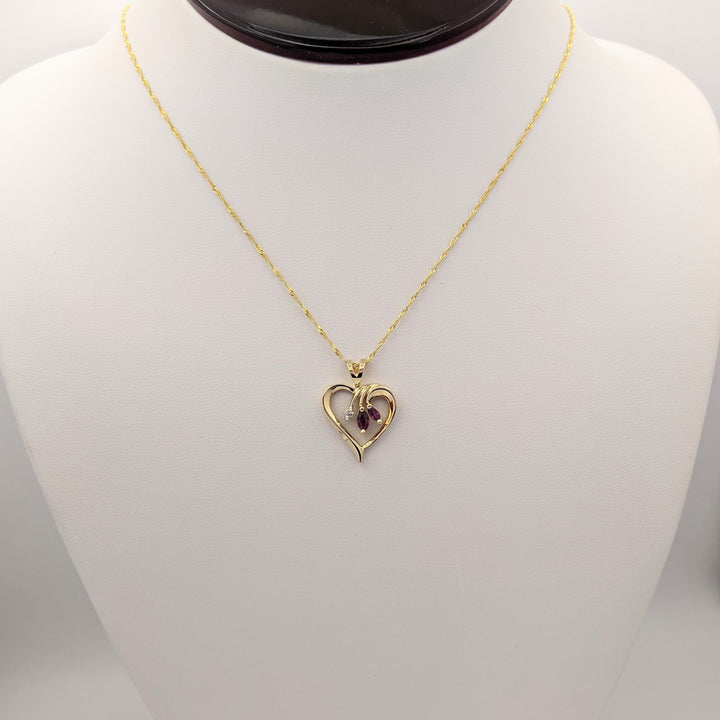 14K RUBY MARQUISE (2) WITH MELEE OPEN HEART ESTATE PENDANT & CHAIN 3.3 GRAMS