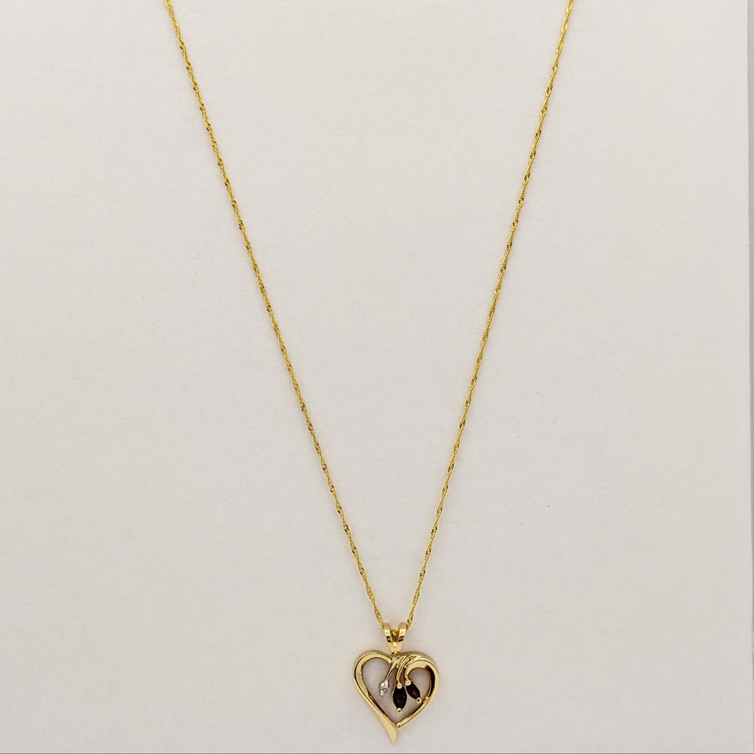 14K RUBY MARQUISE (2) WITH MELEE OPEN HEART ESTATE PENDANT & CHAIN 3.3 GRAMS