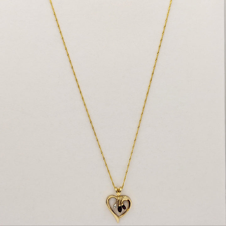 14K RUBY MARQUISE (2) WITH MELEE OPEN HEART ESTATE PENDANT & CHAIN 3.3 GRAMS