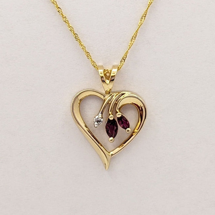 14K RUBY MARQUISE (2) WITH MELEE OPEN HEART ESTATE PENDANT & CHAIN 3.3 GRAMS
