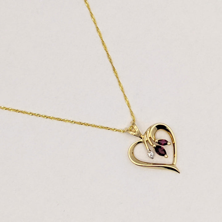 14K RUBY MARQUISE (2) WITH MELEE OPEN HEART ESTATE PENDANT & CHAIN 3.3 GRAMS