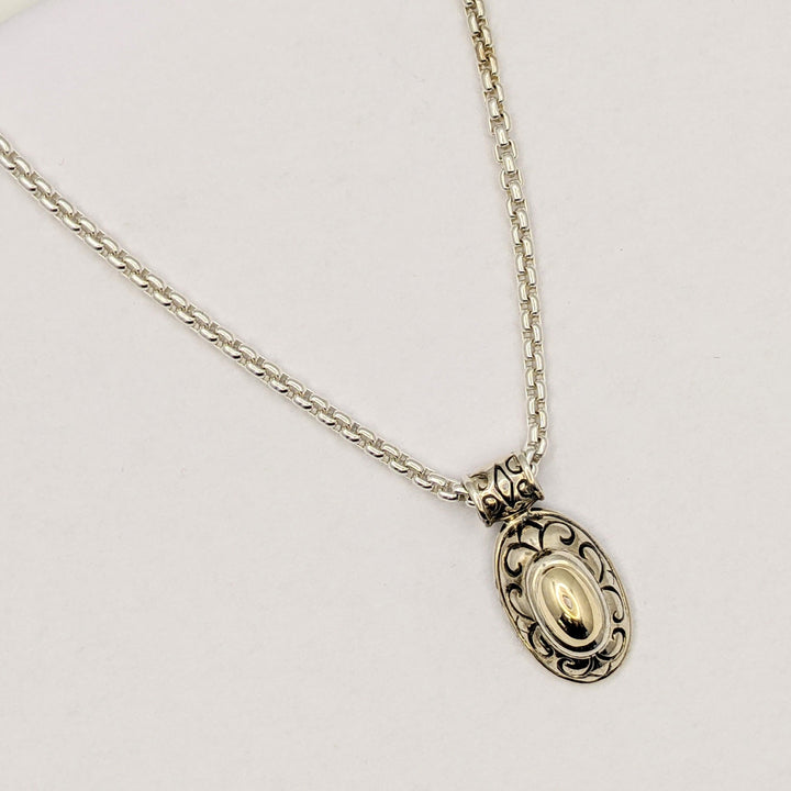 STERLING SILVER/ 14K OVAL VINTAGE ESTATE PENDANT & CHAIN 17.5 GRAMS