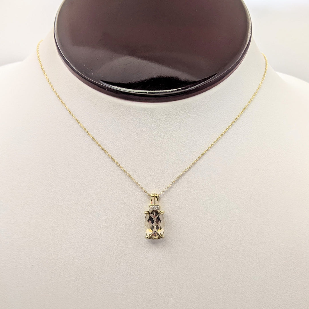 14K SMOKEY QUARTZ CUSHION CUT 8X12 WITH (2) MELEE ESTATE PENDANT & CHAIN 2.1 GRAMS