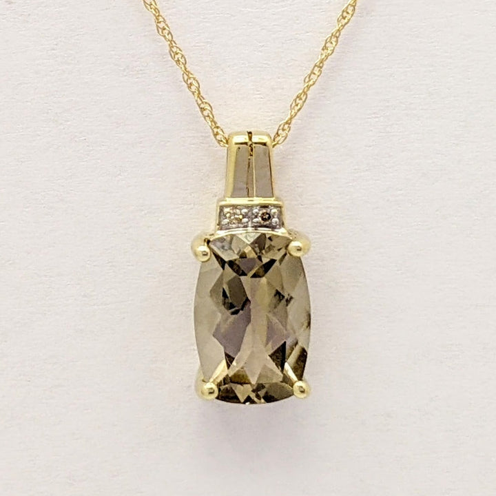 14K SMOKEY QUARTZ CUSHION CUT 8X12 WITH (2) MELEE ESTATE PENDANT & CHAIN 2.1 GRAMS