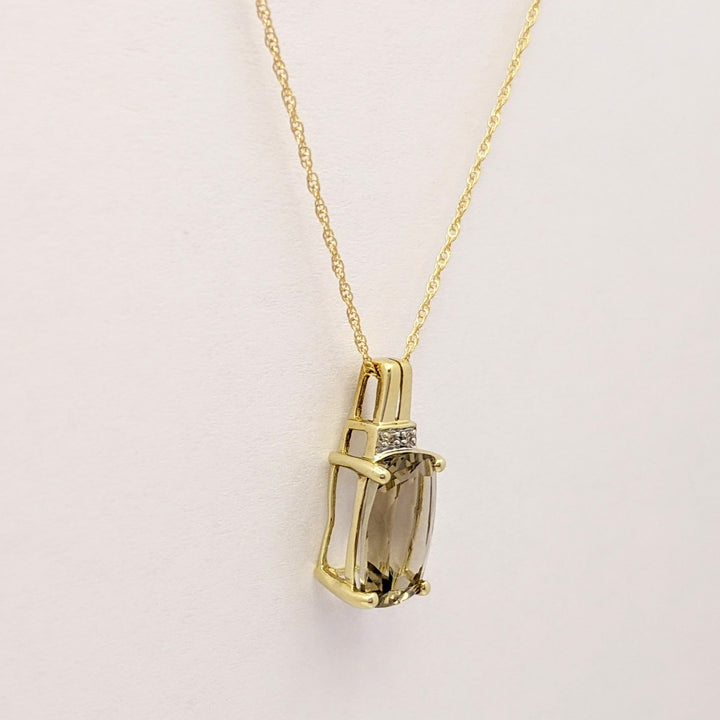 14K SMOKEY QUARTZ CUSHION CUT 8X12 WITH (2) MELEE ESTATE PENDANT & CHAIN 2.1 GRAMS