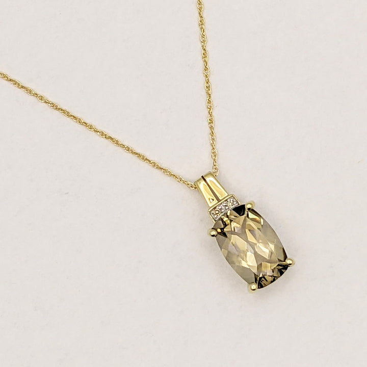 14K SMOKEY QUARTZ CUSHION CUT 8X12 WITH (2) MELEE ESTATE PENDANT & CHAIN 2.1 GRAMS
