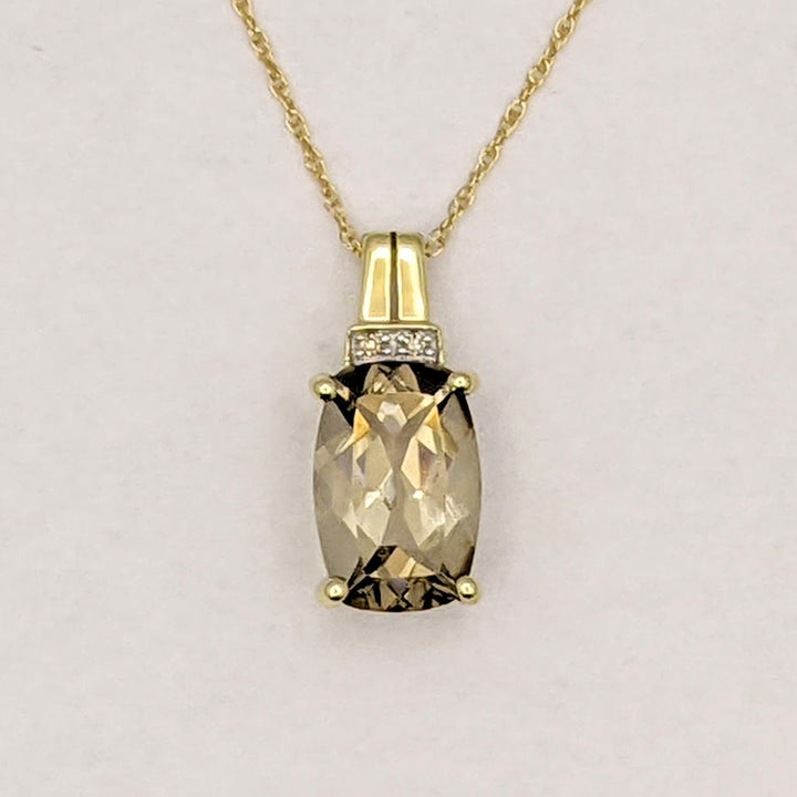 14K SMOKEY QUARTZ CUSHION CUT 8X12 WITH (2) MELEE ESTATE PENDANT & CHAIN 2.1 GRAMS