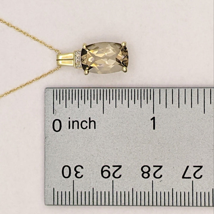 14K SMOKEY QUARTZ CUSHION CUT 8X12 WITH (2) MELEE ESTATE PENDANT & CHAIN 2.1 GRAMS