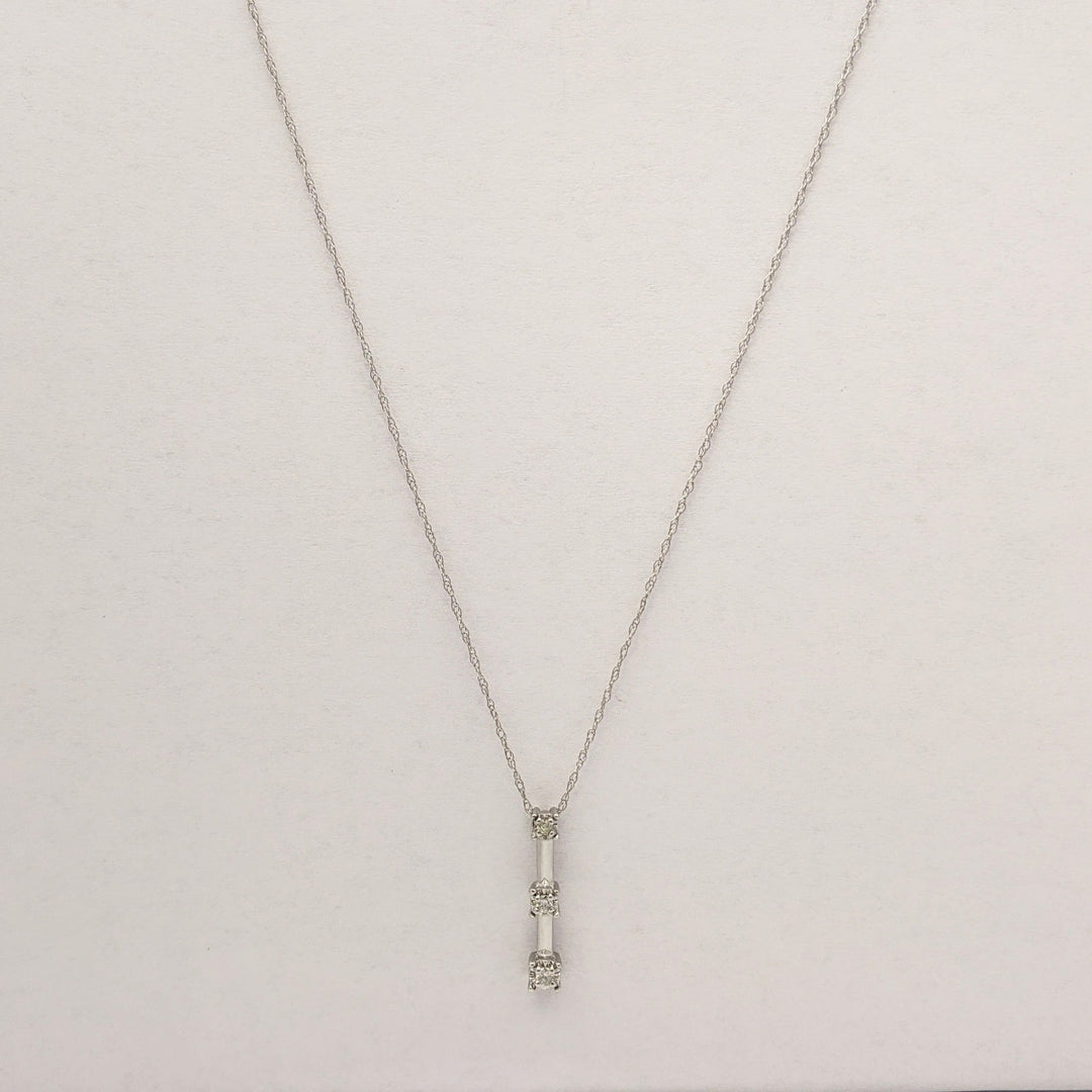 10K WHITE .11 CARAT TOTAL WEIGHT I2 G DIAMOND ROUND (3) BAR DROP ESTATE PENDANT & CHAIN 1.5 GRAMS