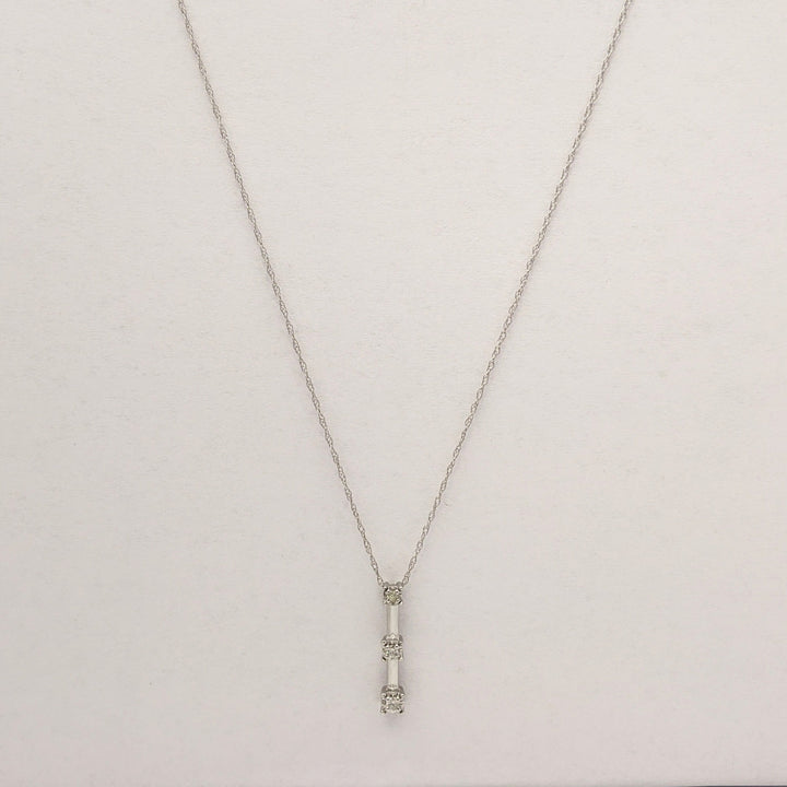 10K WHITE .11 CARAT TOTAL WEIGHT I2 G DIAMOND ROUND (3) BAR DROP ESTATE PENDANT & CHAIN 1.5 GRAMS