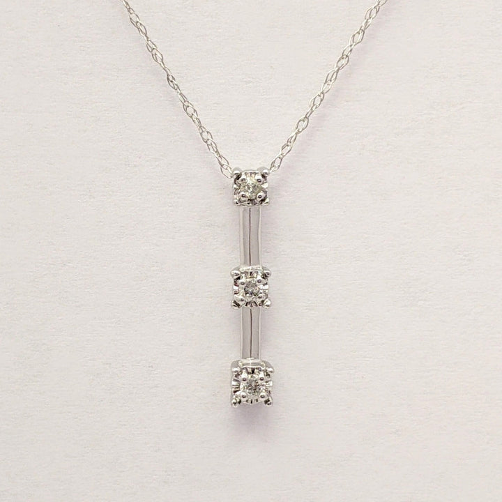 10K WHITE .11 CARAT TOTAL WEIGHT I2 G DIAMOND ROUND (3) BAR DROP ESTATE PENDANT & CHAIN 1.5 GRAMS