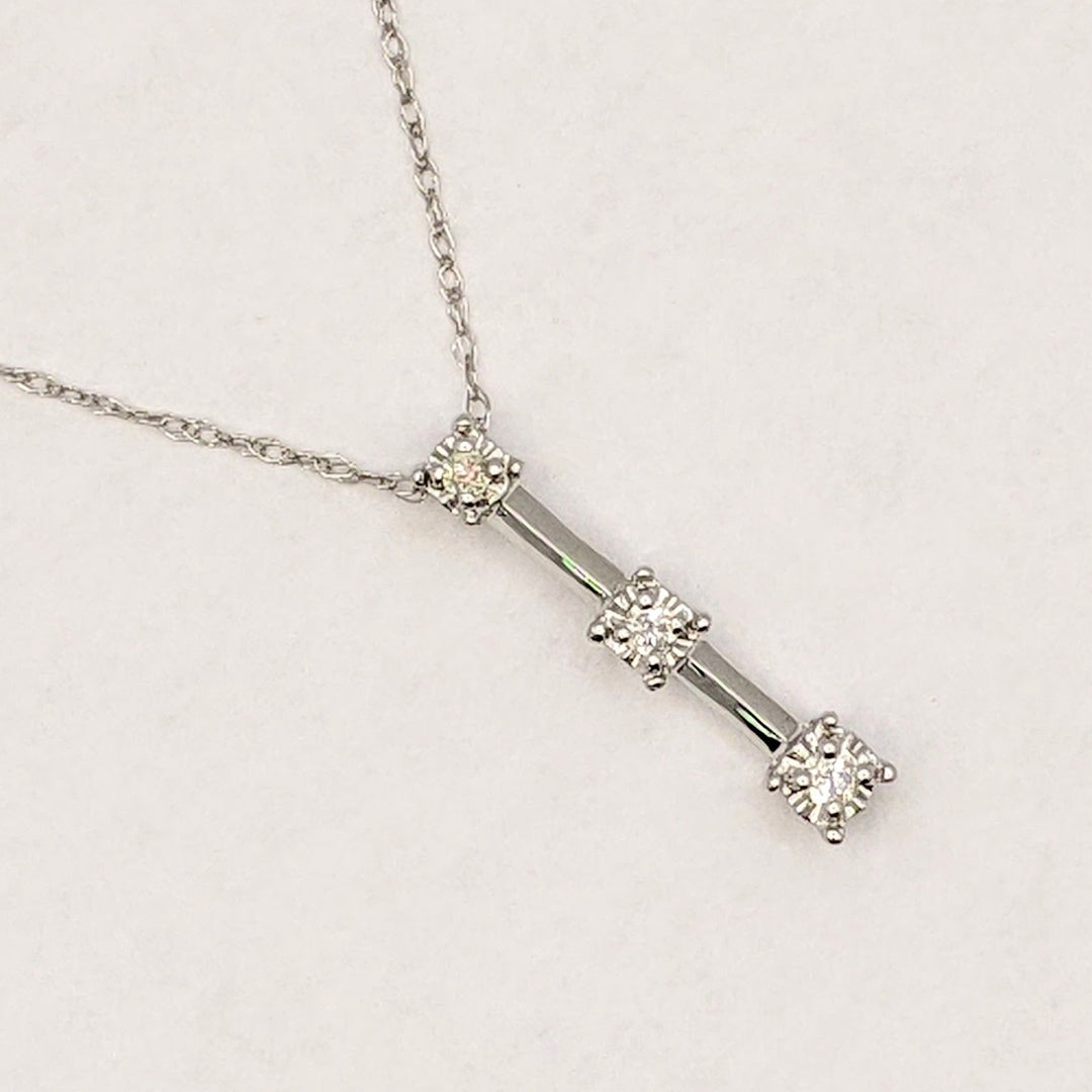 10K WHITE .11 CARAT TOTAL WEIGHT I2 G DIAMOND ROUND (3) BAR DROP ESTATE PENDANT & CHAIN 1.5 GRAMS