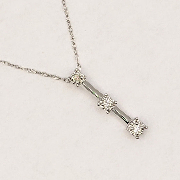 10K WHITE .11 CARAT TOTAL WEIGHT I2 G DIAMOND ROUND (3) BAR DROP ESTATE PENDANT & CHAIN 1.5 GRAMS