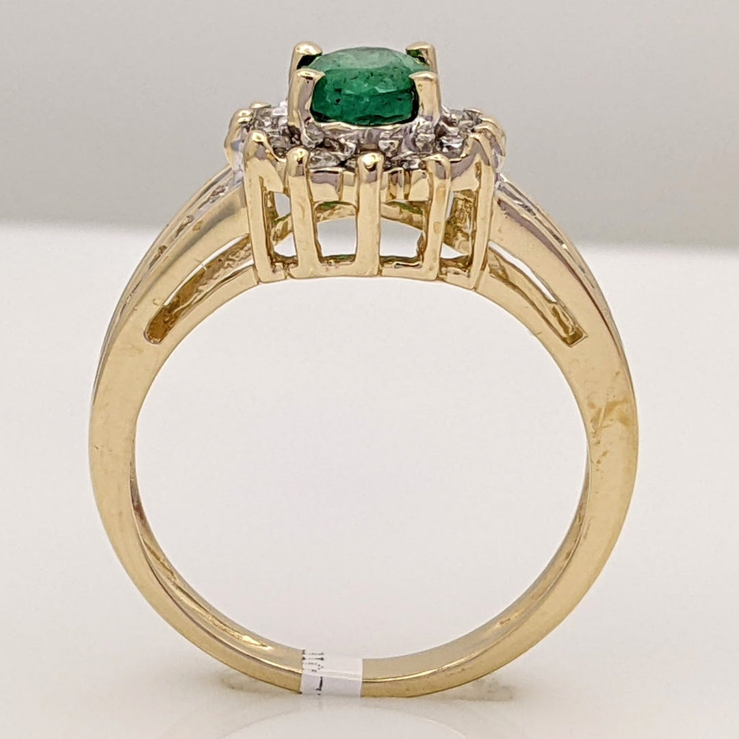 14K EMERALD OVAL 5X7 WITH .37 DIAMOND TOTAL WEIGHT ESTATE HALO 2-ROW RING 4.1 GRAMS